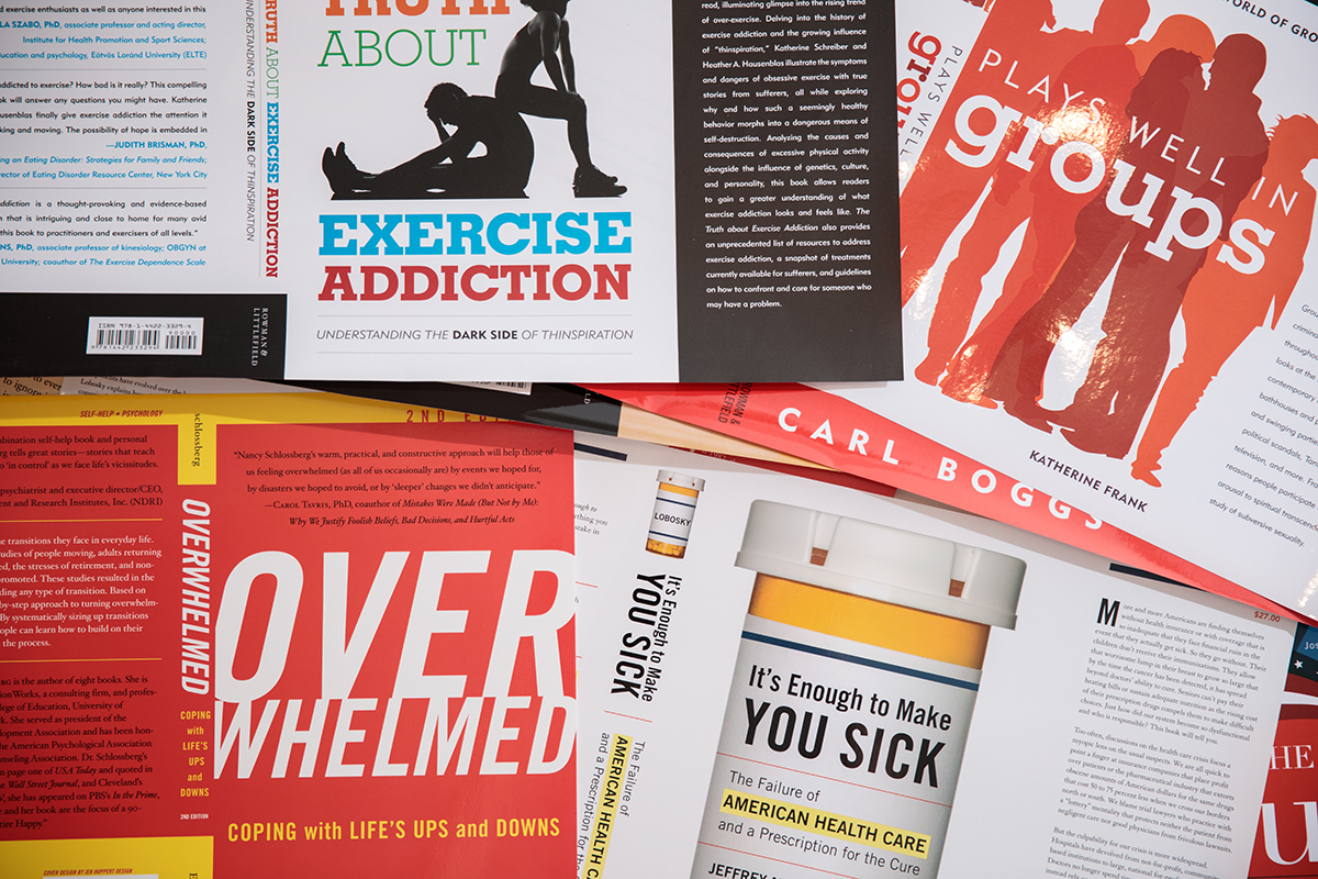 Book cover design samples by Jen Huppert Design for the following titles: (top left) The Truth About Exercise Addiction, (top right) Plays Well in Groups, (bottom left)Overwhelmed, and (bottom right) It's Enough to Make You Sick.